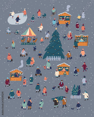 Christmas market and holiday fair outdoor flat vector. Celebrating winter holidays at town square. Christmas atmosphere, traditional holiday shopping.