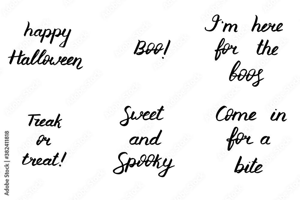 Set of Halloween lettering, vector illustration. Different phrases. Black text isolated on white. Calligraphic Inscription. Hand drawn quote for print, cards, decoration, seasonal design