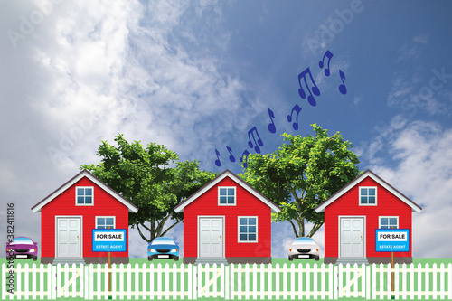Row of detached residential homes on a suburb street with houses for sale next door to noisy Neighbor set against a blue cloudy sky