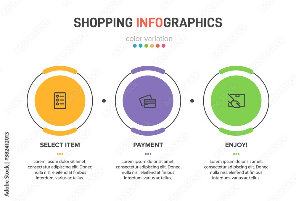 Concept of shopping process with 3 successive steps. Three colorful graphic elements. Timeline design for brochure, presentation, web site. Infographic design layout. Concept of shopping process with 3 successive steps. Three colorful graphic elements. Timeline design for brochure, presentation, web site. Infographic design layout.