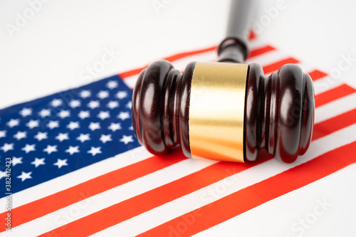 USA America flag country with gavel for judge lawyer. Law and justice court concept.
