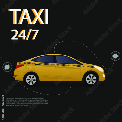 Taxi online vector illustration advertising poster of car ride map. Taxi service design of yellow car and location or navigation city map