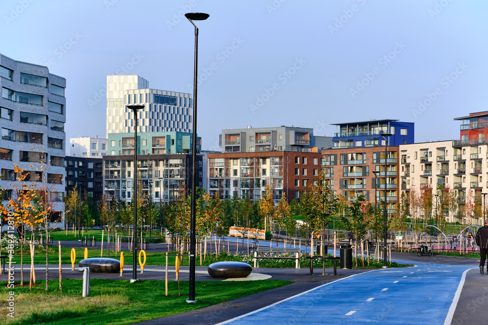 The brand new public park in the Jatkasaari neighborhood of Helsinki, Finland. Redevelopment port district to modern residential district.