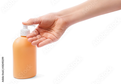 Man hand use wash hand sanitizer with liquid soap for cleaning hands and prevent bacteria or virus, isolated on white background.