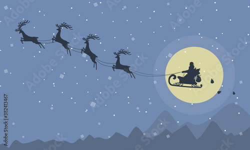 Silhouette of Santa Claus and reindeer float in the sky have a full moon,stars and snow as the background.Flat design style,Vector illustration about Christmas.