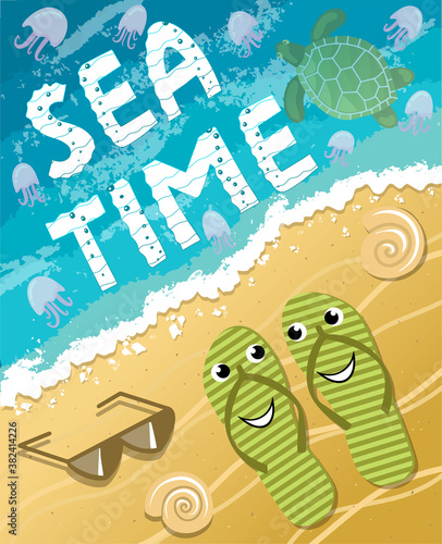 vector illustration with lettering - Sea time. Surf, sand, waves, marine animals, flip flops, shells.