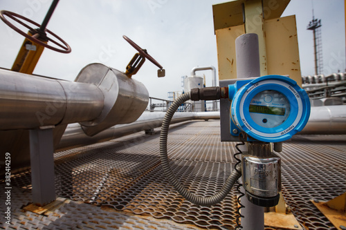 Oil refinery plant. Hydrogen sulfide H2S meter. Pipes and valves. Uralsk region, Kazakhstan: 
