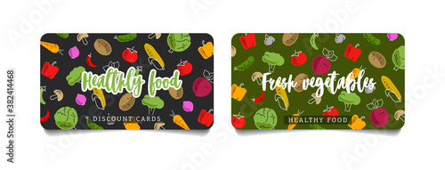 Set of dicount or loyalty program cards with modern illustration of fresh vegetables and callygraphy copy, isolated