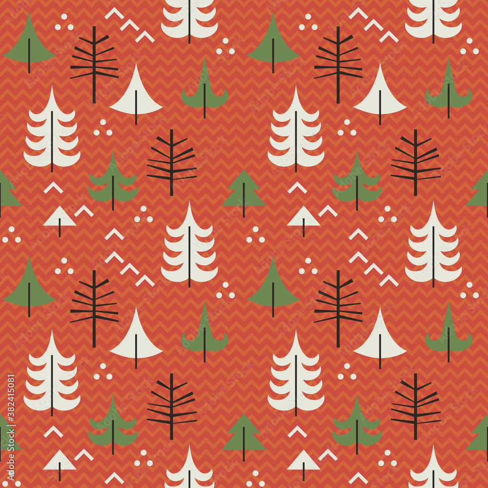Obraz premium Christmas simple pattern with trees on a red background.