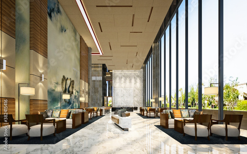 3D RENDER OF LUXURY HOTEL LOBBY ENTRANCE