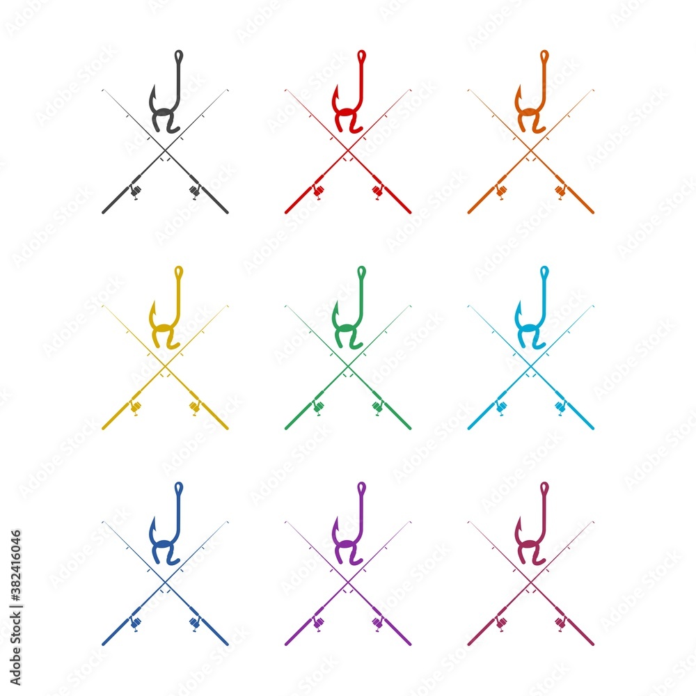 Simple Fishing rod icon, color set Simple Fishing rod icon, color set