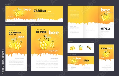 Honey mead bee Set flyer cover, tri-fold, banner, roll up banner, business card yellow color