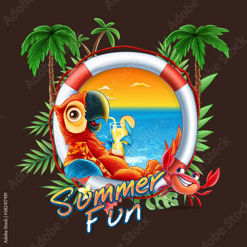 summer background with palm trees and parrot