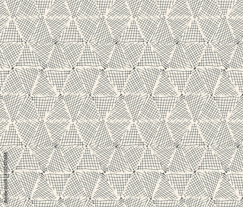 black and white hatched triangles. Abstract geometric vector doodle seamless pattern.