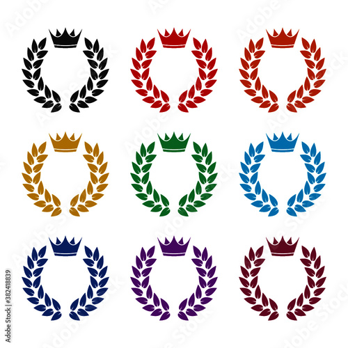Laurel honor wreath with crown icon, color set