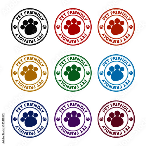 Pet paw label. Footprint with pet friendly text, color set
