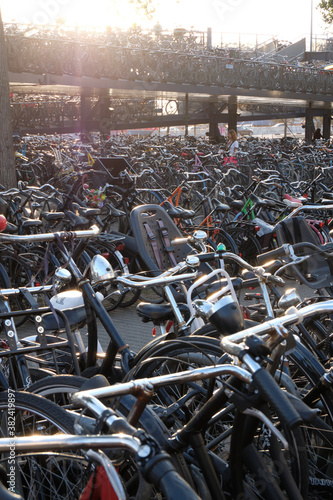 Dutch bicycle parked in racks. Selective focus