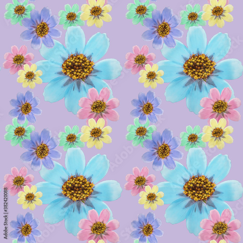 Cosmos, kosmeya. Illustration, texture of flowers. Seamless pattern for continuous replication. Floral background, photo collage for textile, cotton fabric. For use in wallpaper, covers.