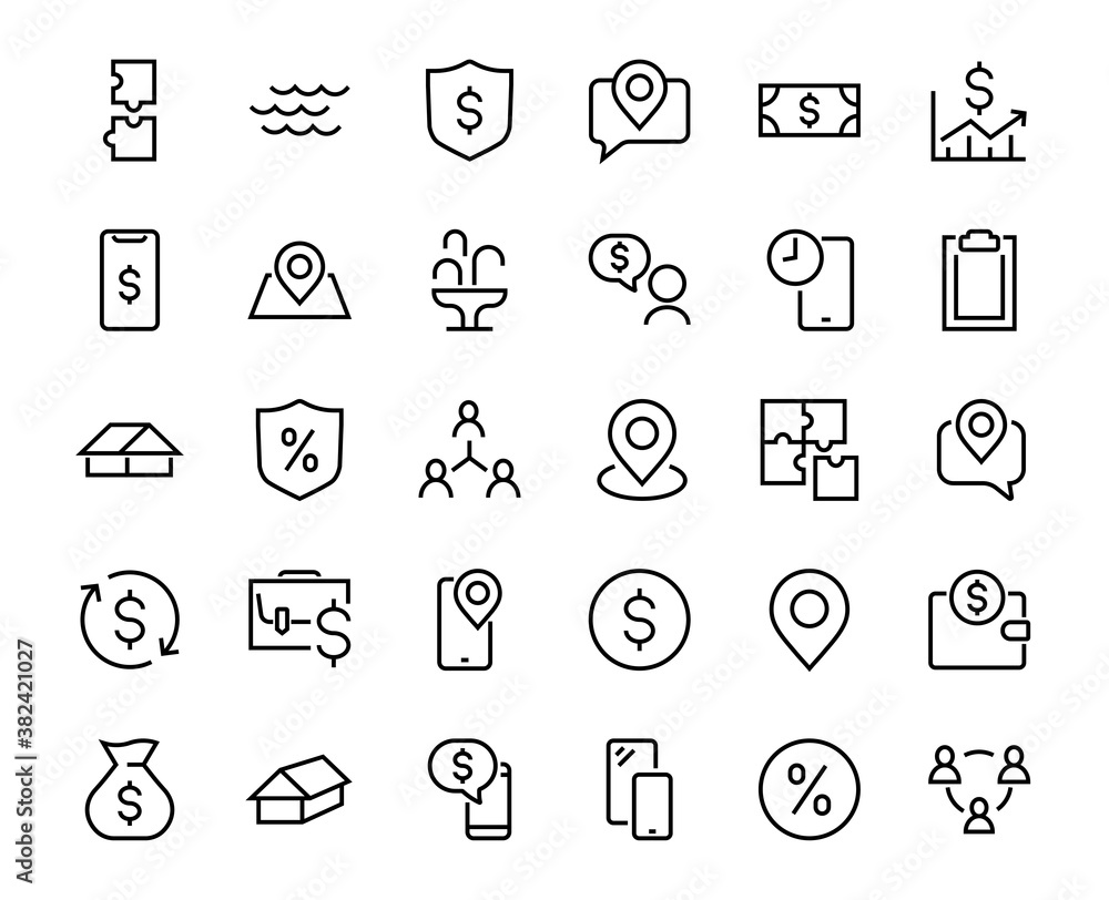 Set of business vector line icons. It contains user symbols, dollar pictograms, gears, briefcase, puzzles, envelope, percentage, messages, schedule, and more. Editable Bar 480x480 pixels. Set of business vector line icons. It contains user symbols, dollar pictograms, gears, briefcase, puzzles, envelope, percentage, messages, schedule, and more. Editable Bar 480x480 pixels.