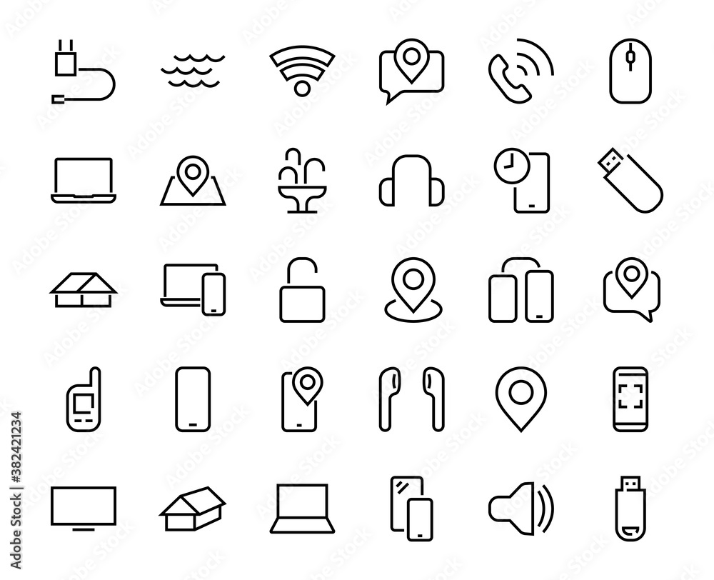 A set of smart devices and gadgets, computer hardware and electronics. Electronic devices icons for web and mobile vector lines. computer, telephone. Editable stroke. 48x48 pixels A set of smart devices and gadgets, computer hardware and electronics. Electronic devices icons for web and mobile vector lines. computer, telephone. Editable stroke. 48x48 pixels