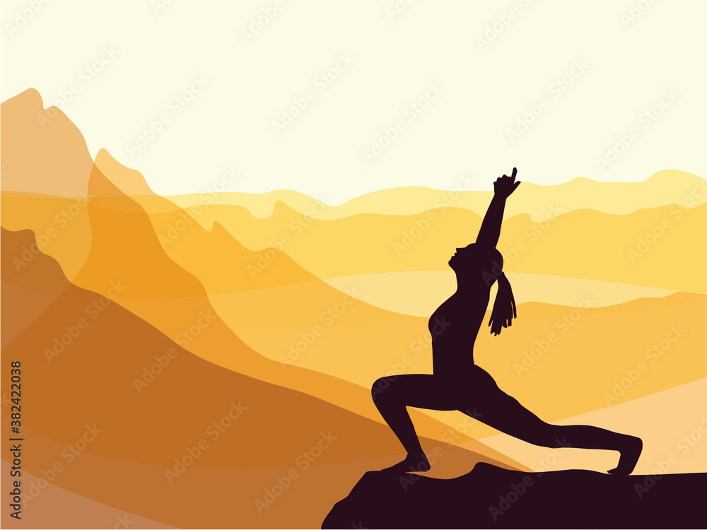 Silhouette of girl practising yoga. Mountains in the background. Sunrise, yoga sun salutation. Healthy lifestyle.