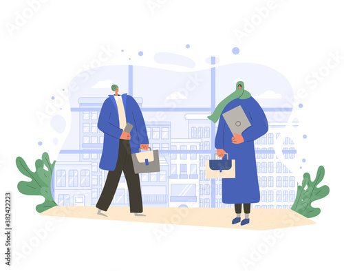 Muslim women with laptop. Businesswoman. Vector flat person.