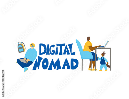 Digital nomand concept. Vector man with plaptop