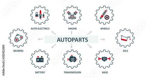 A group of vector images, icons and logos with car parts, batteries, transmission, electrical equipment, engines and other special equipment. Car service. Auto parts store.