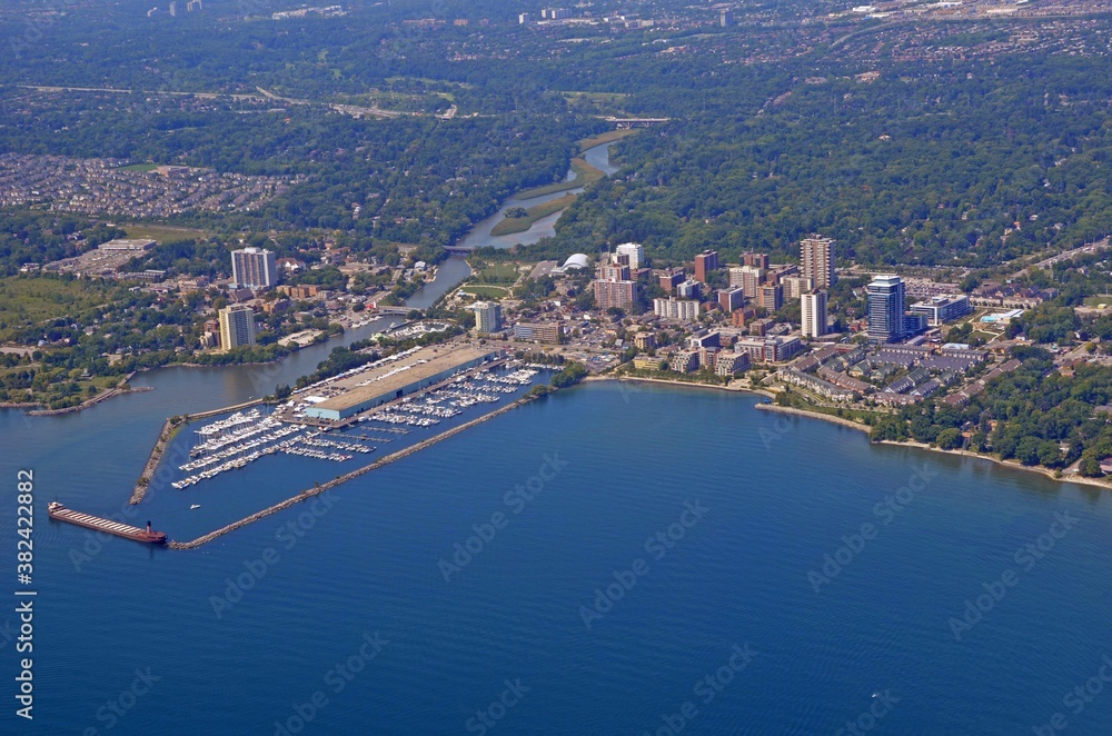 Port Credit Marina, aerial view of the urban landscape above Lake Ontario