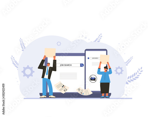 Unemployment. Job search. Two dismissed coworkers try to find a work online. Fired people standing near huge phone. Vecto illustration.