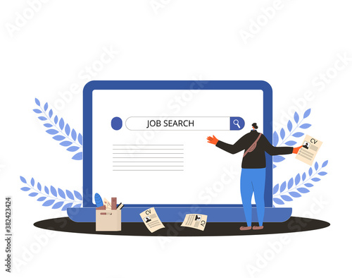 Job search. Dismissed worker try to find a work online. Fired man standing near huge laptop, he is confused and disapointed. Vector illustration.