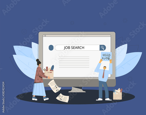 Unemployment. Job search. Two dismissed coworkers try to find a work online. Fired people standing near huge phone. Vecto illustration.