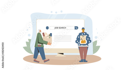 Unemployment. Job search. Two dismissed coworkers try to find a work online. Fired people standing near huge phone. Vecto illustration.