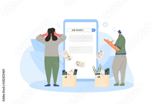 Job search. Two dismissed coworkers try to  find a work online. Vector flat illustration