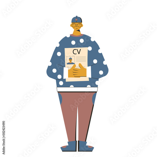 Man with resume. Fired manager standing wth his cv isolated on white background. Vector illustration.