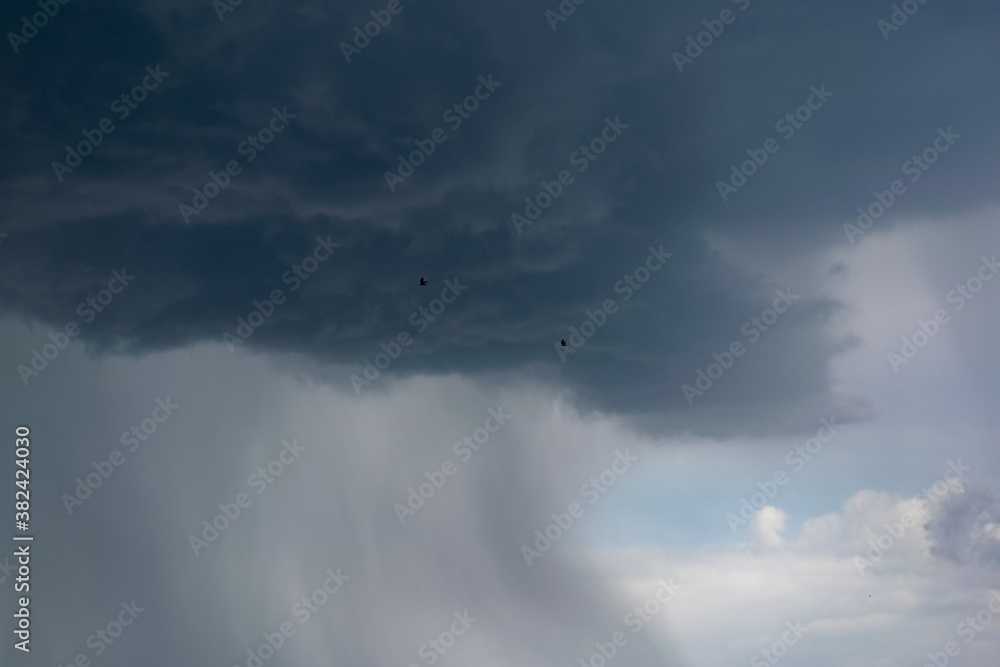 Dark storm clouds and gray gloomy clouds, a terrible natural phenomenon, rain from afar, view from the side Dark storm clouds and gray gloomy clouds, a terrible natural phenomenon, rain from afar, view from the side