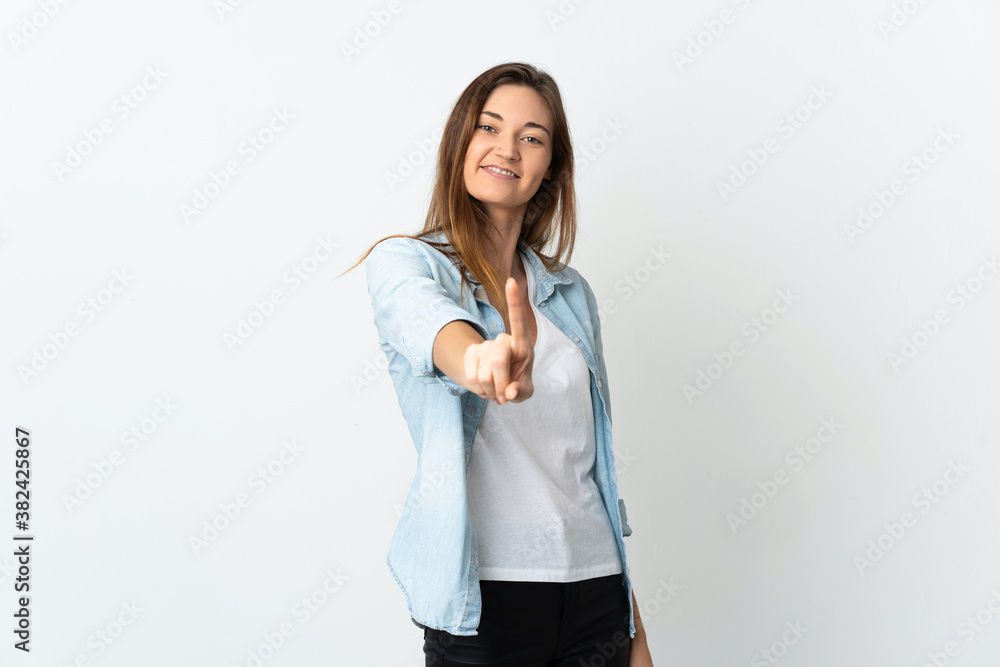 Young Ireland woman isolated on white background showing and lifting a finger Young Ireland woman isolated on white background showing and lifting a finger