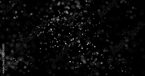 3D Illustration realistic natural soft blurred white snow with bokeh create from particle on isolated black background for overlay effect us as an effect star sky snowfall winter festival celebrate