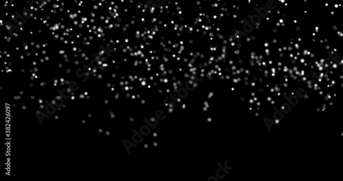 3D Illustration realistic natural soft blurred white snow with bokeh create from particle on isolated black background for overlay effect us as an effect star sky snowfall winter festival celebrate