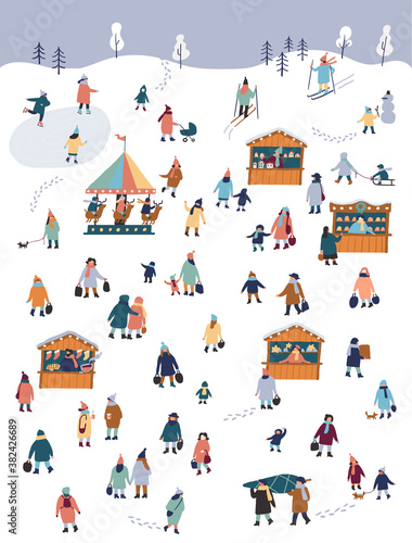 Christmas market and holiday fair outdoor flat vector. Winter holidays atmosphere, traditional holiday shopping. Flat vector illustration