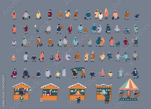 Cartoon Winter people big vector set. Christmas market and holiday fair  flat vector. 