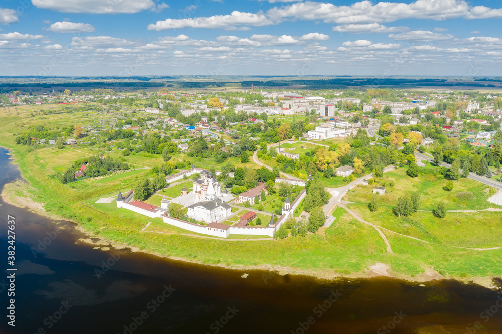 A view from a height of the city of Staritsa and the Holy Dormition Monastery on the banks of the Volga River