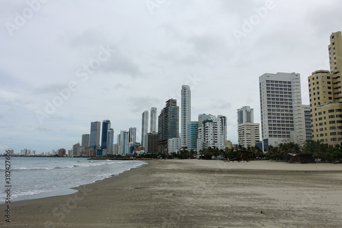 Beach closed or shutdown concept amid covid 19 fears and panic over contagious virus spread in Bocagrande, Cartagena, Colombia 2020 © shinyoung