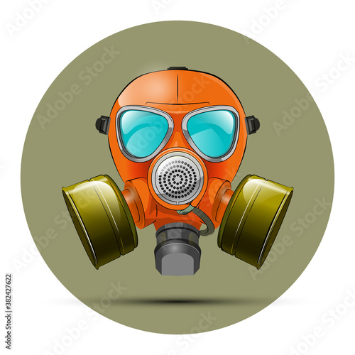 Gas mask respirator skull breather on round background. Protective radiation suit in circle badge. Breathing gas mask apparatus with two filters. Color illustration