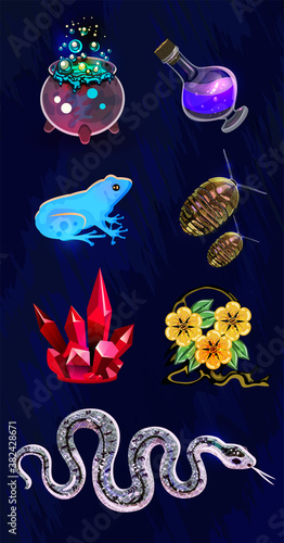 a set of isolated vector objects for a mobile game. fantasy icons, potion ingredients, casual items. lesson at a magic school. playing card design, user interface, level reward. mmo rpg, vector  set.