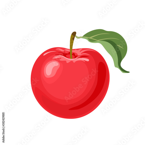 Vector red apple with green leaf isolated on white background. Fruit icon. Illustration in cartoon flat style.