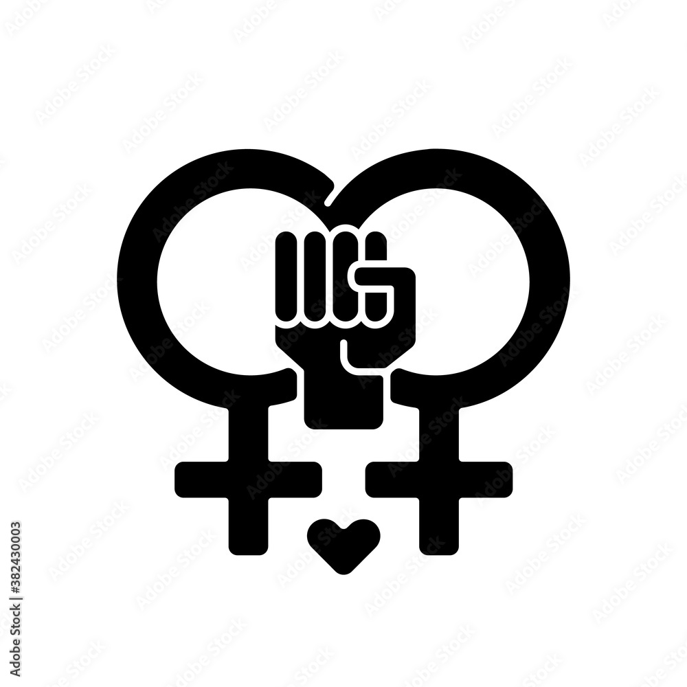 Lesbian feminism black glyph icon. Gay life. Women equality. Human rights. Gender identity. Rainbow sign. Silhouette symbol on white space. Vector isolated illustration Lesbian feminism black glyph icon. Gay life. Women equality. Human rights. Gender identity. Rainbow sign. Silhouette symbol on white space. Vector isolated illustration