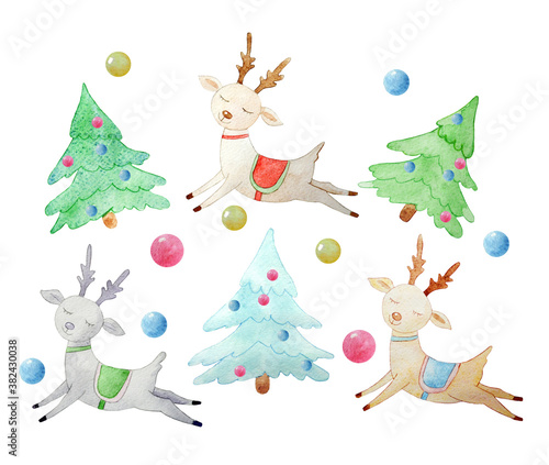 Fototapeta Naklejka Na Ścianę i Meble -   Cute deer in blankets, Christmas trees  made in pastel colors. Watercolor set isolated on a white background.