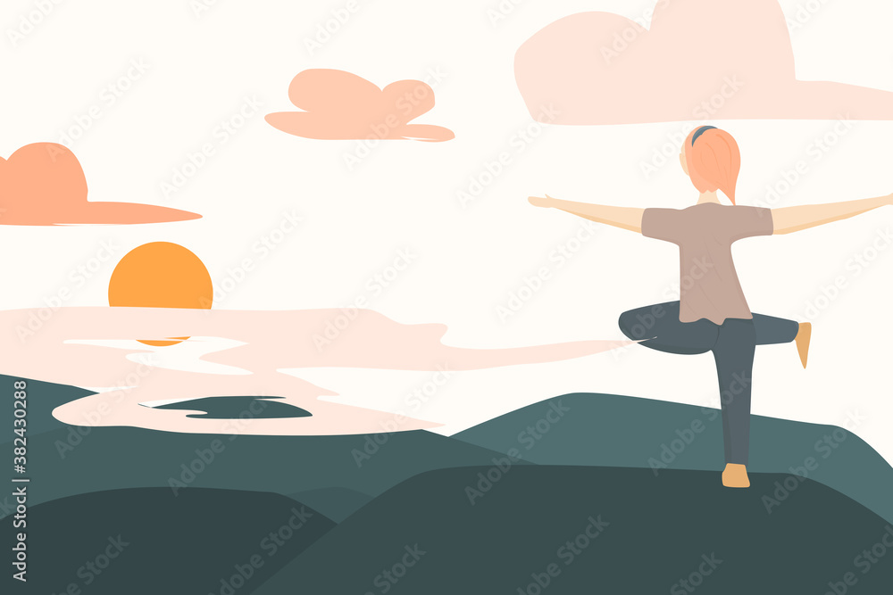 Young women is activity yoga on the mountain, Vector yoga on the rocks. Illustration cartoon characters is exercise standing in natural. Lifestyle health relax Young women is activity yoga on the mountain, Vector yoga on the rocks. Illustration cartoon characters is exercise standing in natural. Lifestyle health relax