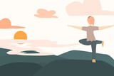 Young women is activity yoga on the mountain, Vector yoga on the rocks. Illustration cartoon characters is exercise standing in natural.  Lifestyle health relax 